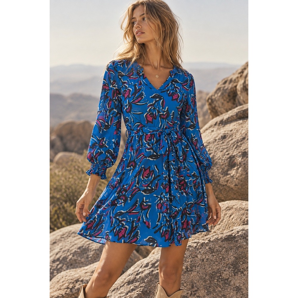 Collective Concepts Dress Medium Blue Floral V-Neck Tie Boho Garden Party